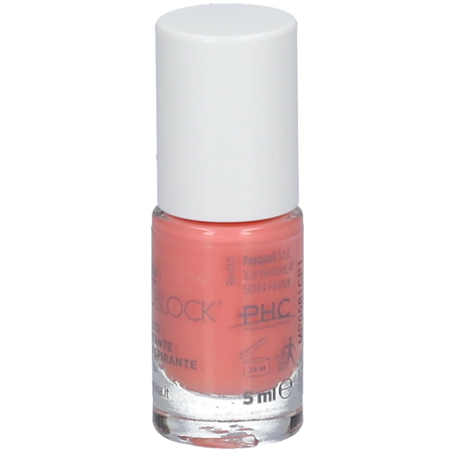 Flacone di smalto rosa con tappo bianco. Scritta Dermovitamina Micoblock 3 in 1, Smalto Idratante e Traspirante, 5ml.