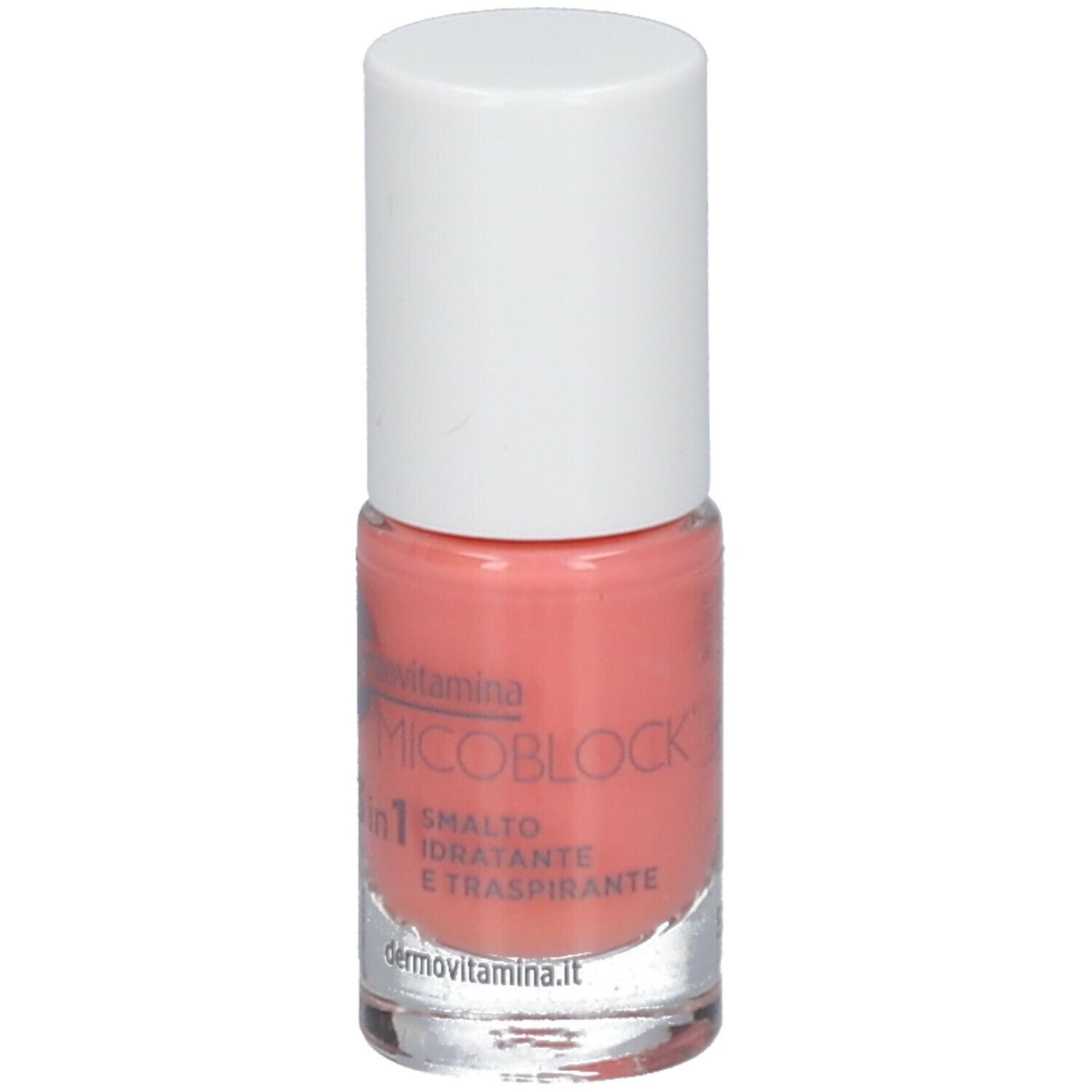 Flacone di smalto rosa con tappo bianco. Scritta Dermovitamina Micoblock 3 in 1, Smalto Idratante e Traspirante.