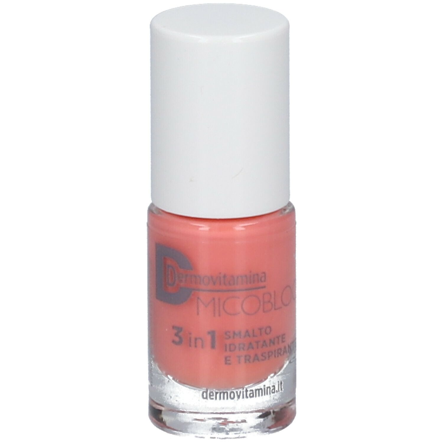 Flacone di smalto rosa con tappo bianco. Scritta Dermovitamina Micoblock 3 in 1, Smalto Idratante e Traspirante.