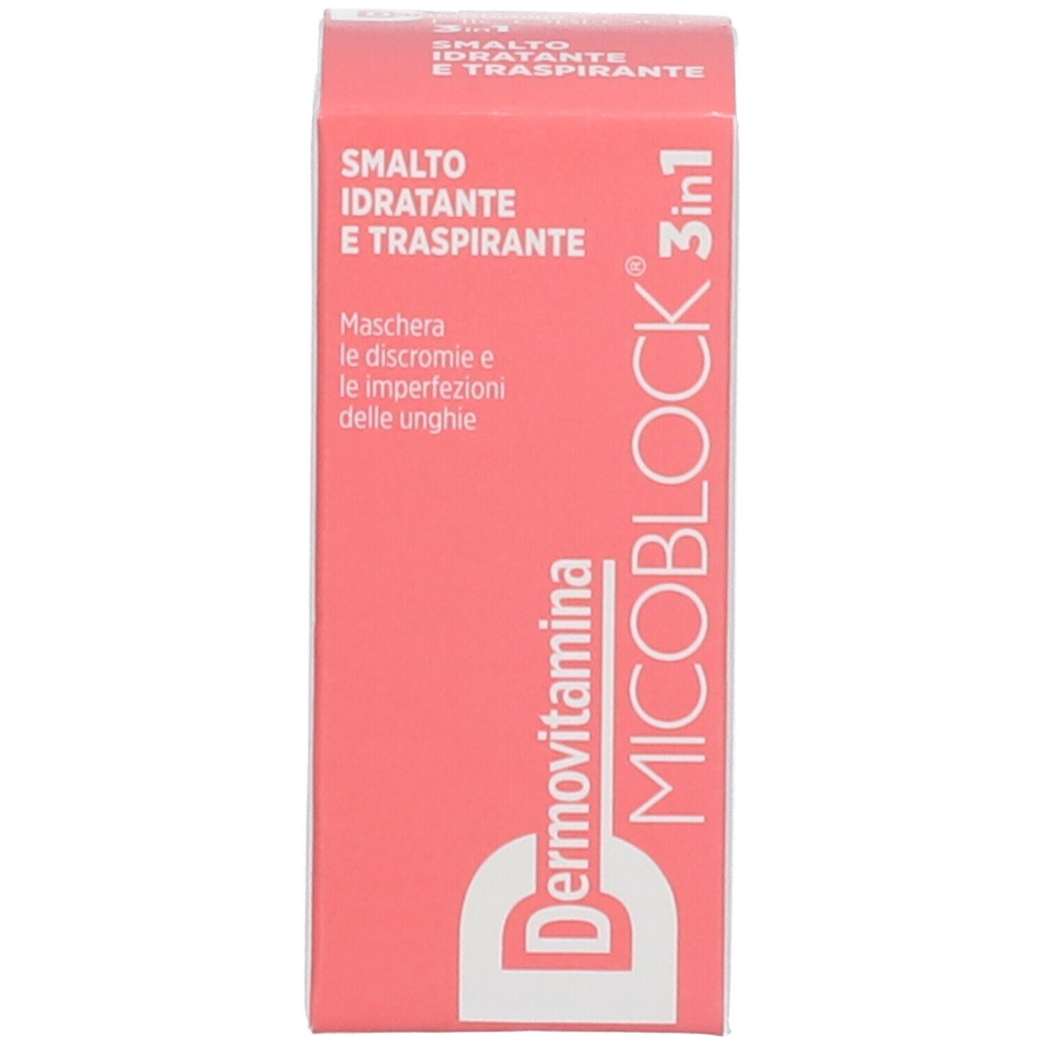 Confezione rosa con scritta Dermovitamina Micoblock 3 in 1, Smalto Idratante e Traspirante. Testo: Maschera le discromie e le imperfezioni delle unghie.