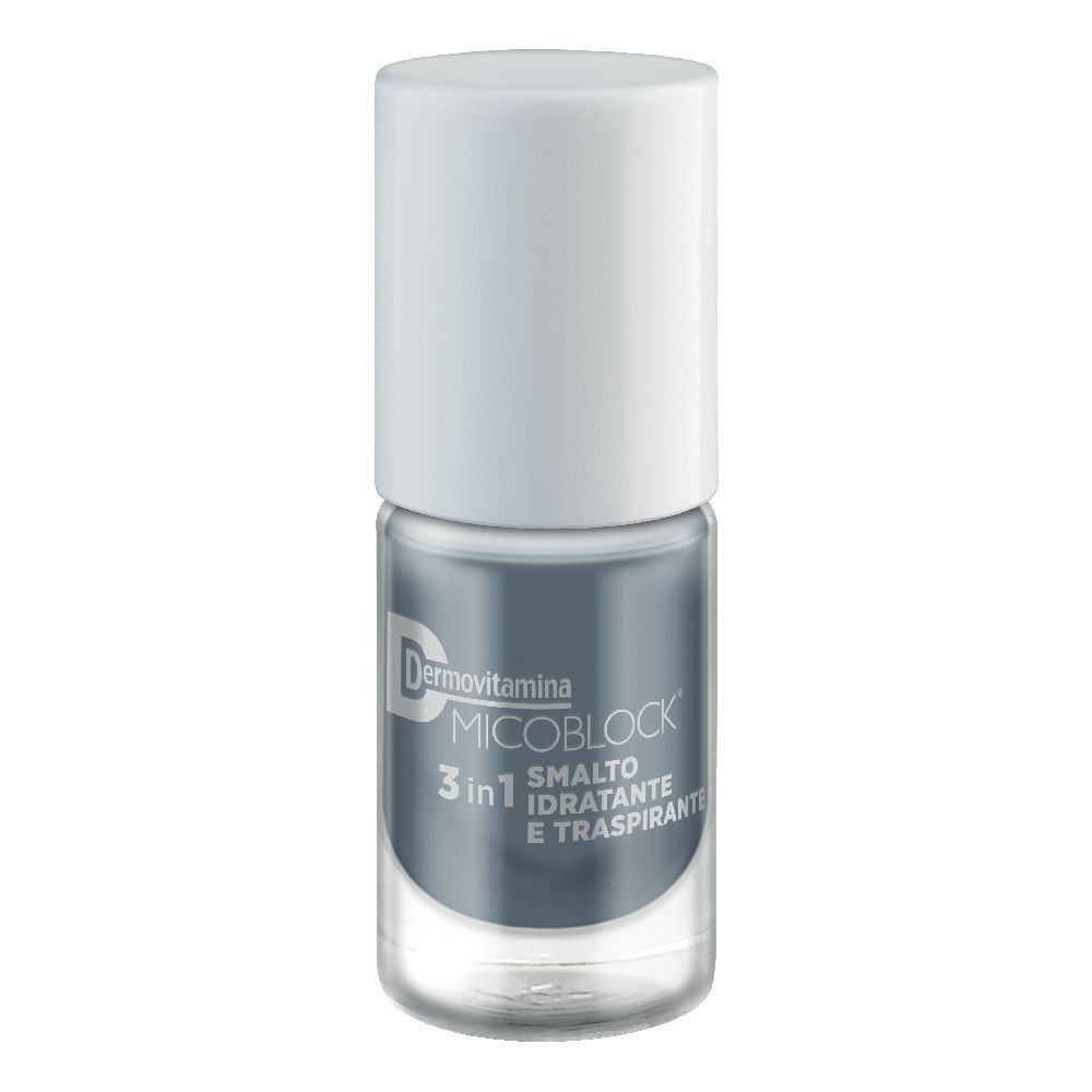 Flacone di smalto grigio con tappo bianco. Scritta: Dermovitamina Micoblock 3 in 1 Smalto Idratante E Traspirante.