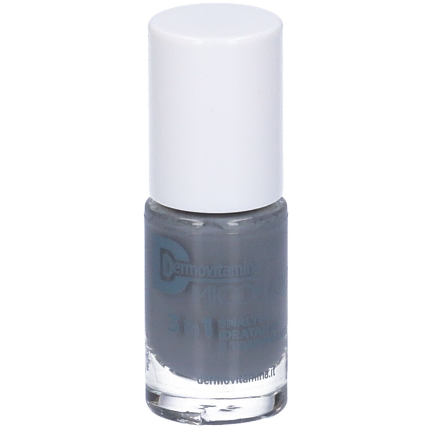 Flacone di smalto grigio con tappo bianco. Scritta: Dermovitamina Micoblock 3 in 1 Smalto Idratante E Traspirante.