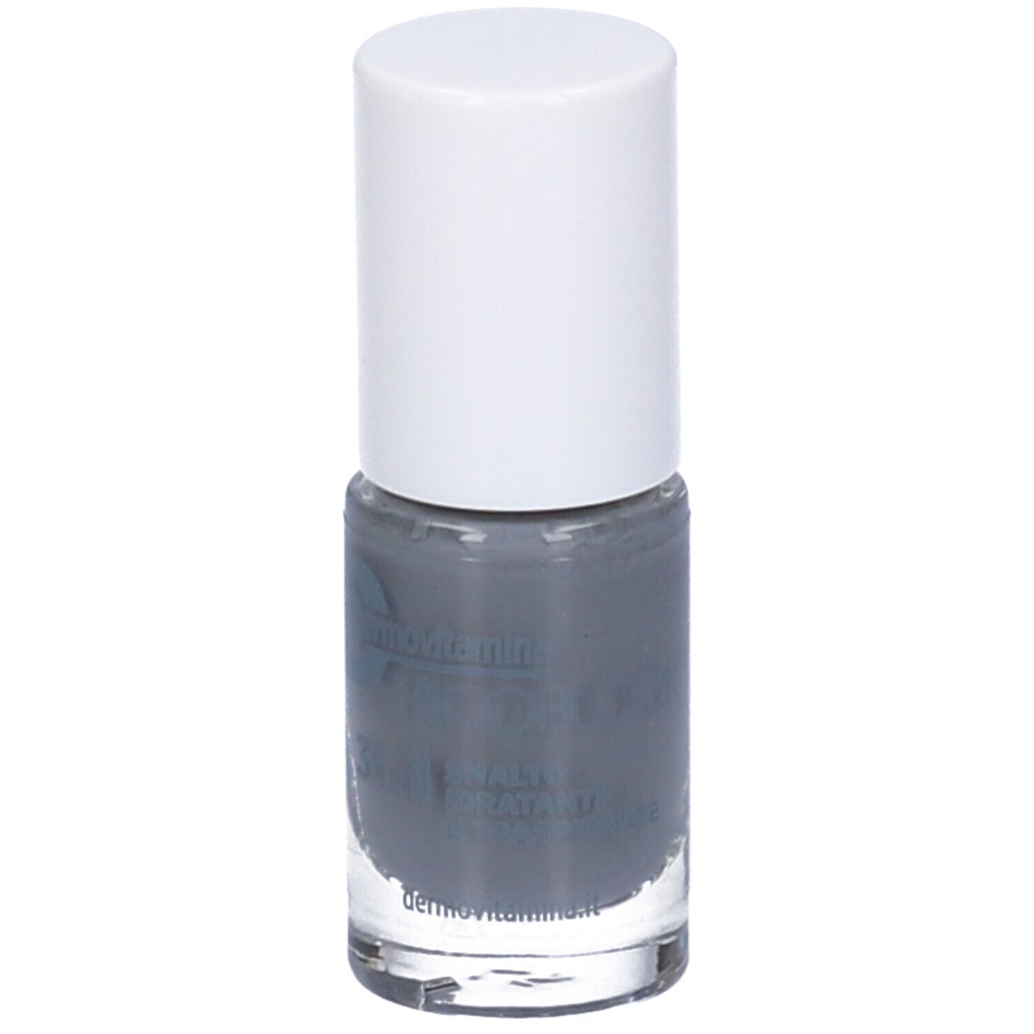 Flacone di smalto grigio con tappo bianco. Scritta: Dermovitamina Micoblock 3 in 1 Smalto Idratante E Traspirante.