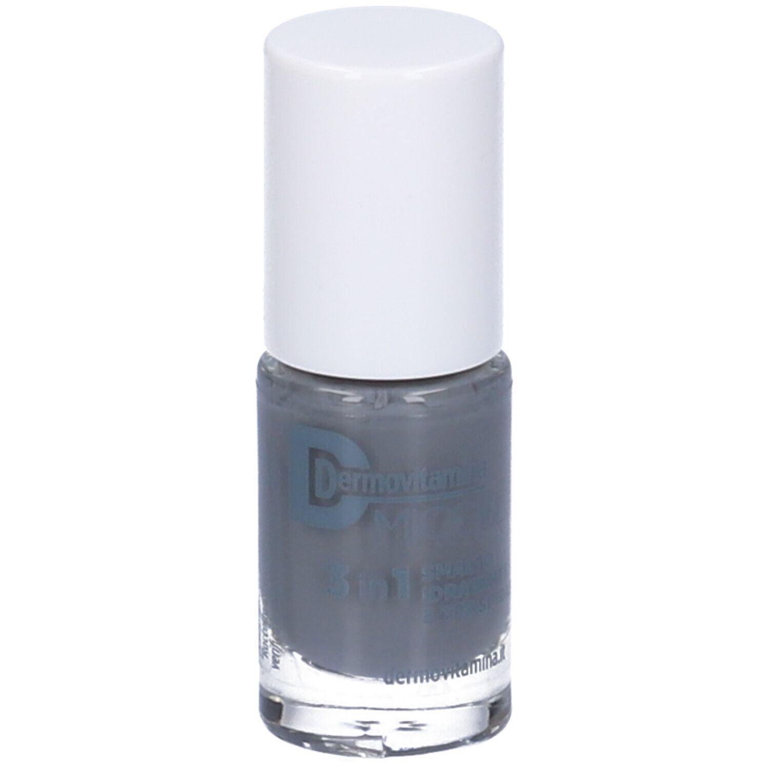 Flacone di smalto grigio con tappo bianco. Scritta: Dermovitamina Micoblock 3 in 1 Smalto Idratante E Traspirante.