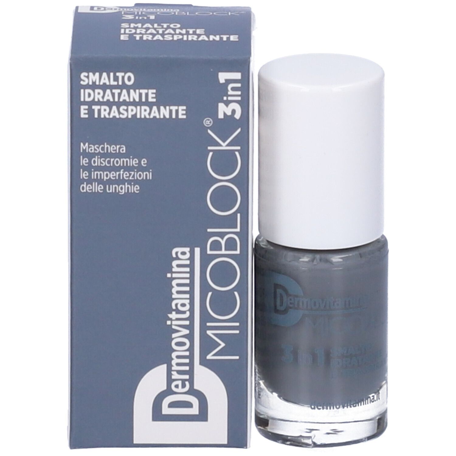Flacone e scatola di smalto. Scritta: Dermovitamina Micoblock 3 in 1 Smalto Idratante E Traspirante. Smalto grigio.
