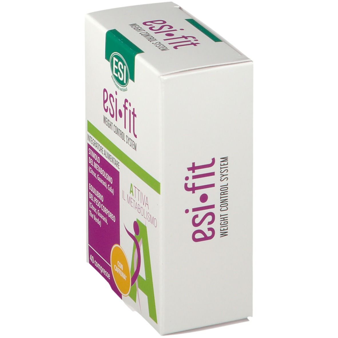 Scatola bianca con dettagli viola e verdi. Testo: Esi-Fit, Weight Control System. 40 compresse. Con caffeina.