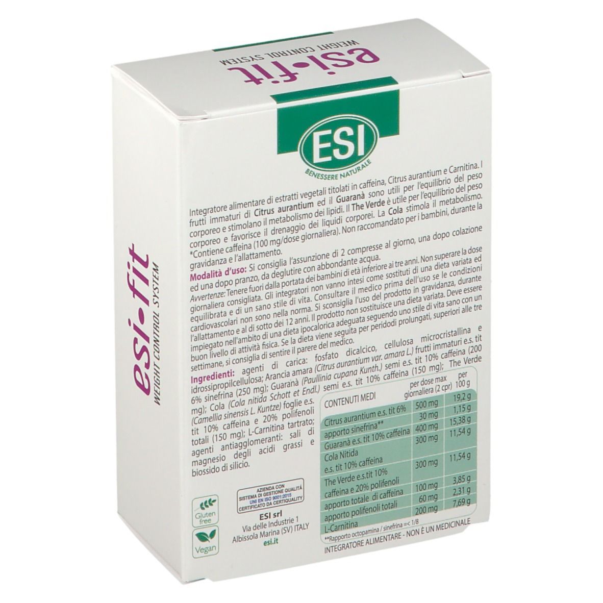 Scatola bianca con testo e informazioni nutrizionali. Testo: Esi-Fit, Weight Control System. Ingredienti e valori nutrizionali.