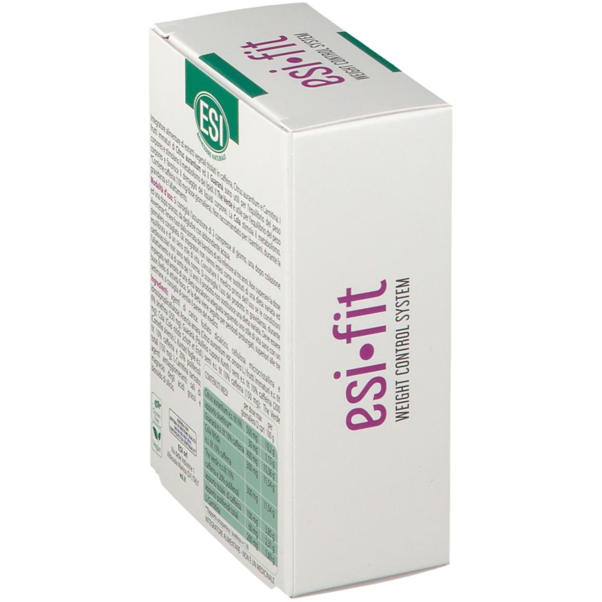 Scatola bianca con dettagli viola e verdi. Testo: Esi-Fit, Weight Control System. 40 compresse. Con caffeina.