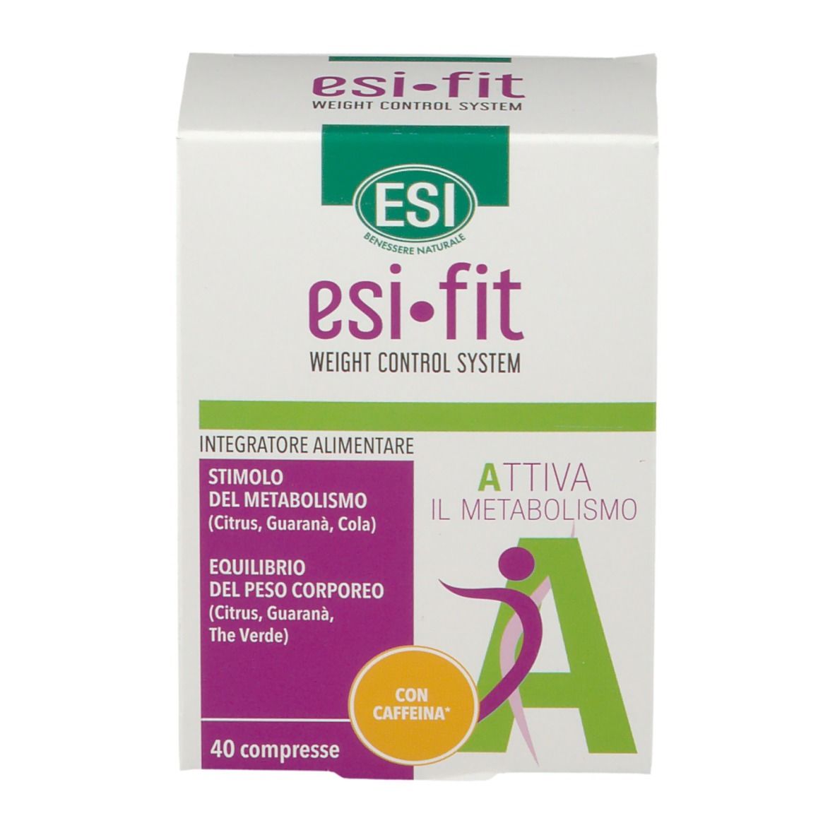 Scatola bianca con dettagli viola e verdi. Testo: Esi-Fit, Weight Control System, 40 compresse. Con caffeina.