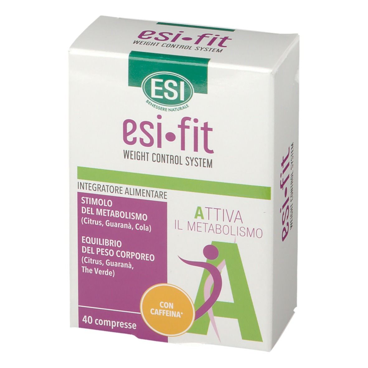 Scatola bianca con dettagli viola e verdi. Testo: Esi-Fit, Weight Control System, 40 compresse. Con caffeina.