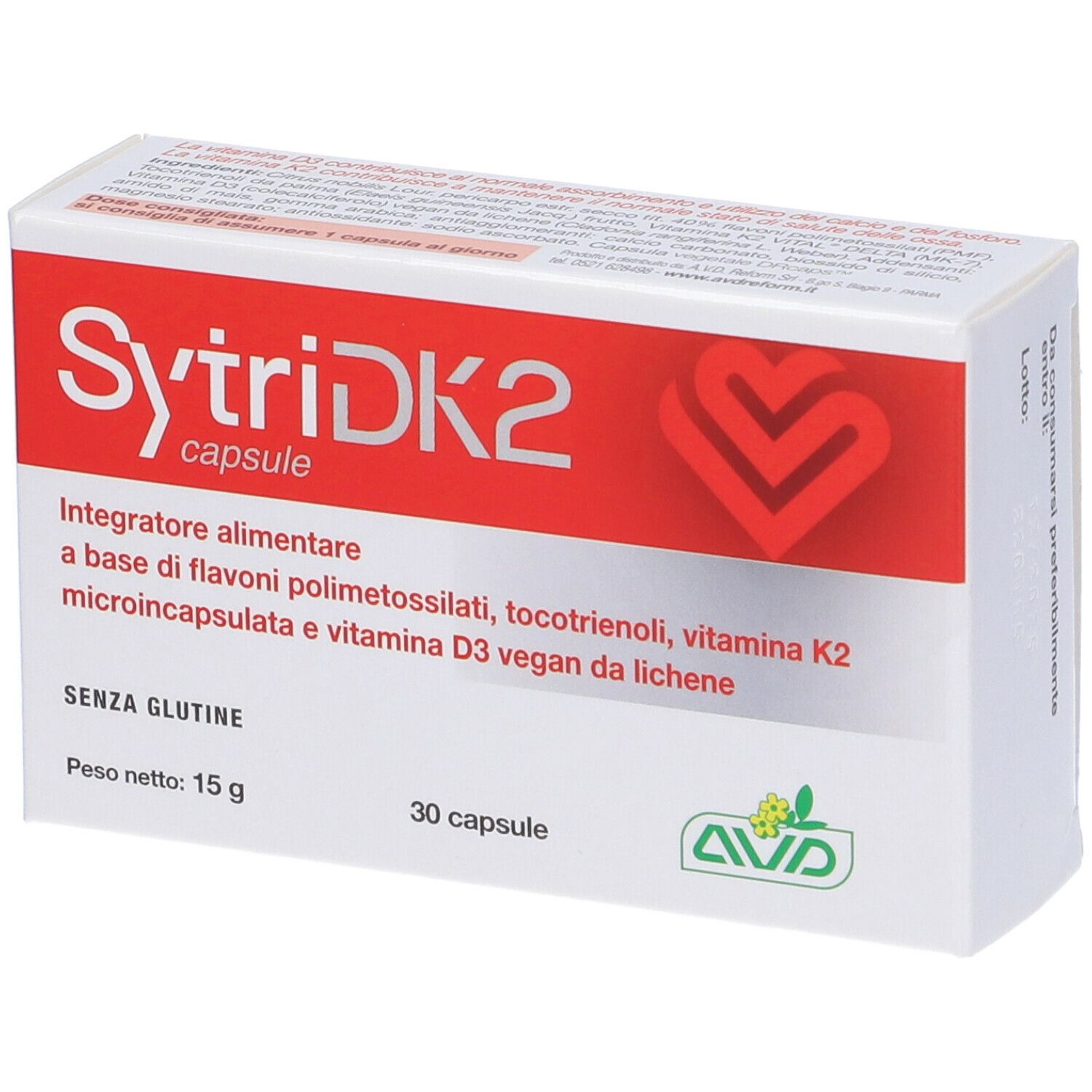 Scatola bianca e rossa. Scritta SytriDK2 capsule, 30 capsule, senza glutine. Logo AVD.