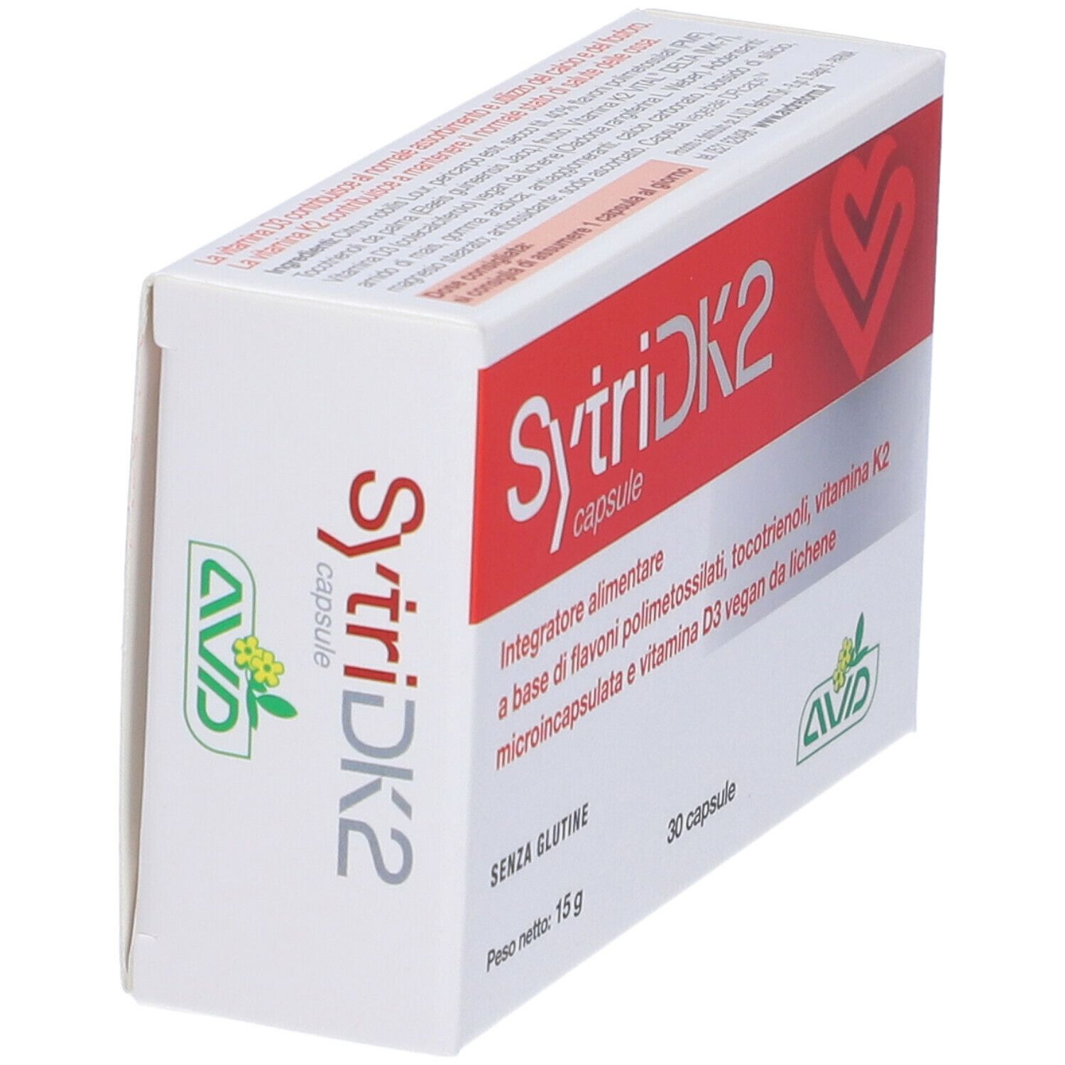 Scatola inclinata, design rosso e bianco. Scritta SytriDK2 capsule, 30 capsule, senza glutine. Logo AVD.