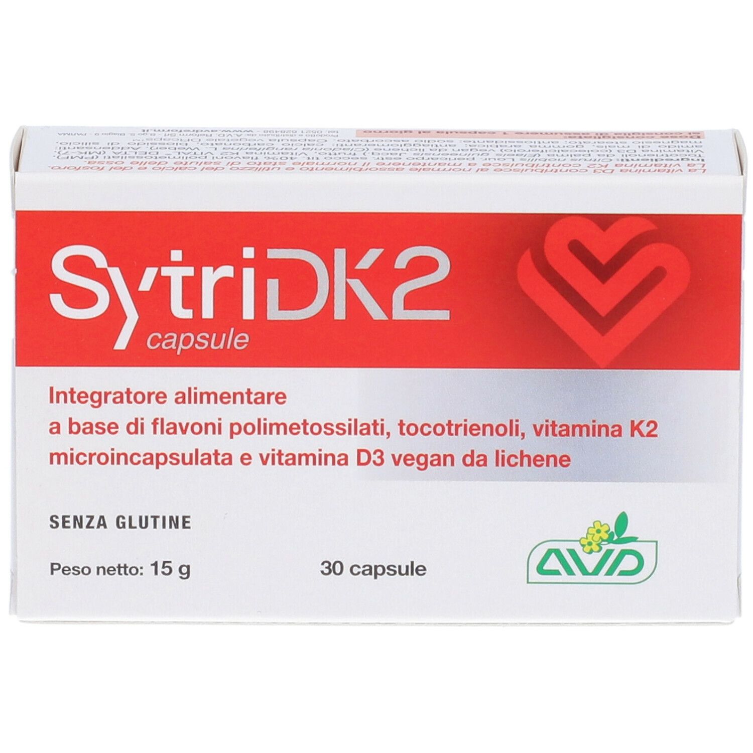 Scatola bianca e rossa. Scritta SytriDK2 capsule, 30 capsule, senza glutine. Logo AVD.