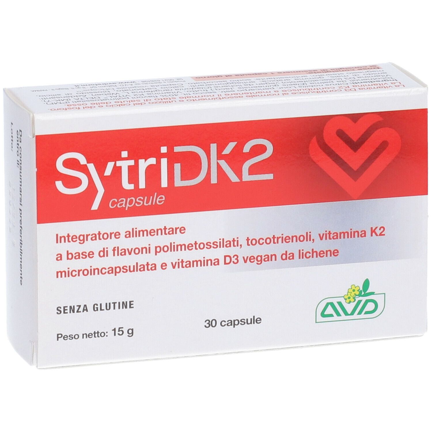 Scatola bianca e rossa. Scritta SytriDK2 capsule, 30 capsule, senza glutine. Logo AVD.