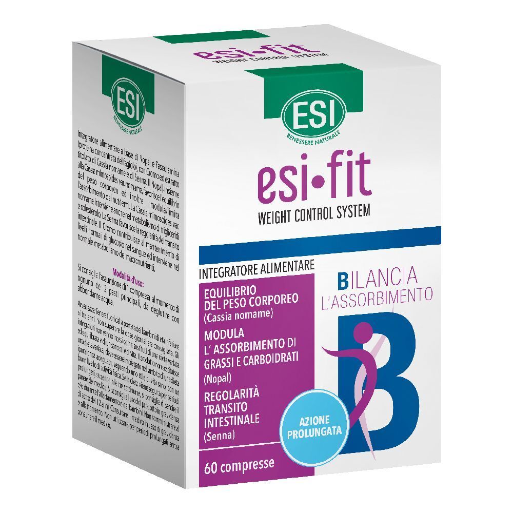 Scatola bianca Esi-Fit. Scritta: Azione Prolungata. Contiene 60 compresse. Logo ESI in alto.