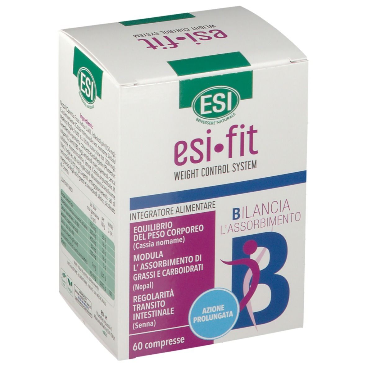 Scatola bianca Esi-Fit. Scritta: Azione Prolungata. Contiene 60 compresse. Logo ESI in alto.