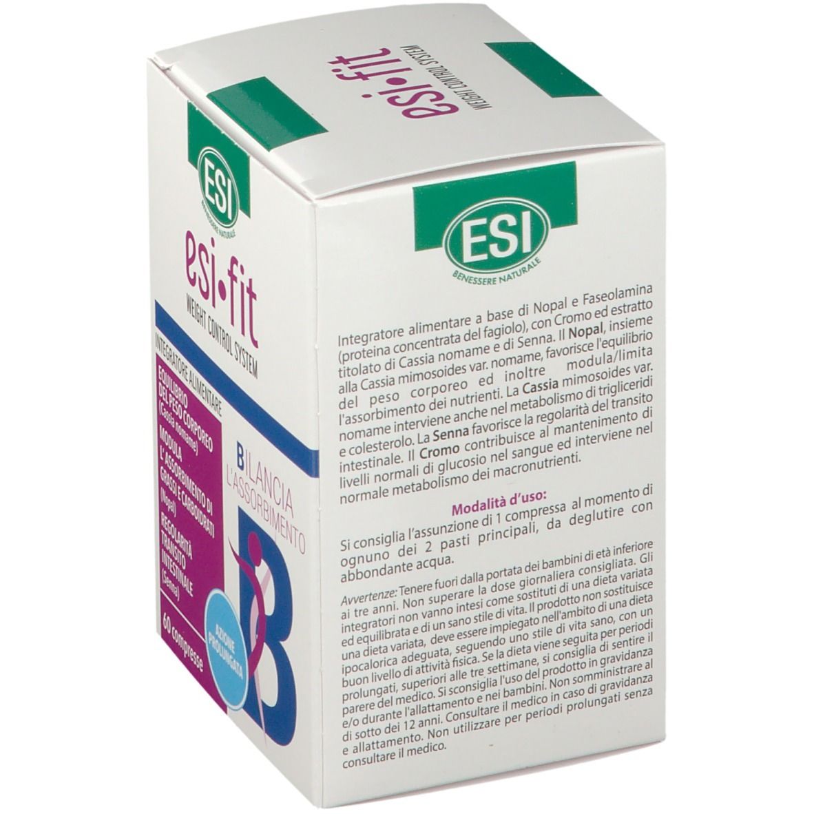 Scatola bianca Esi-Fit. Scritta: Azione Prolungata. Contiene 60 compresse. Logo ESI in alto.
