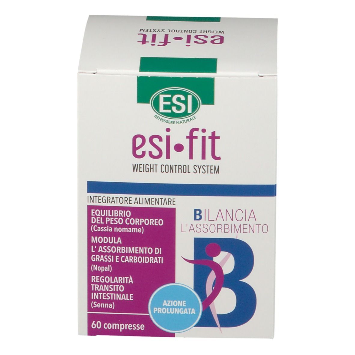 Scatola bianca Esi-Fit. Scritta: Azione Prolungata. Contiene 60 compresse. Logo ESI in alto.