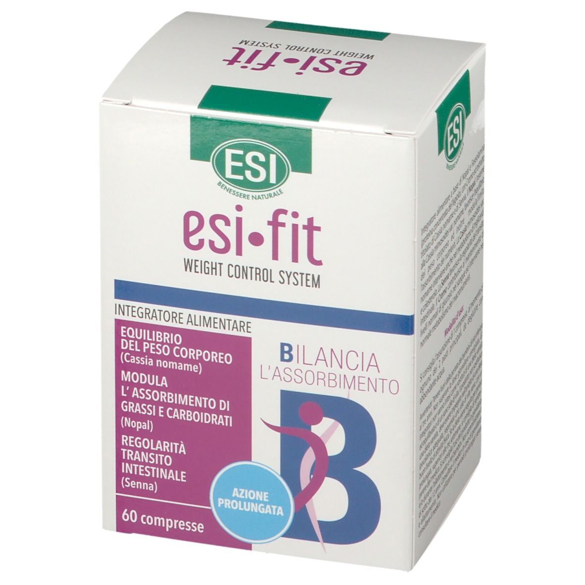 Scatola bianca Esi-Fit. Scritta: Azione Prolungata. Contiene 60 compresse. Logo ESI in alto.
