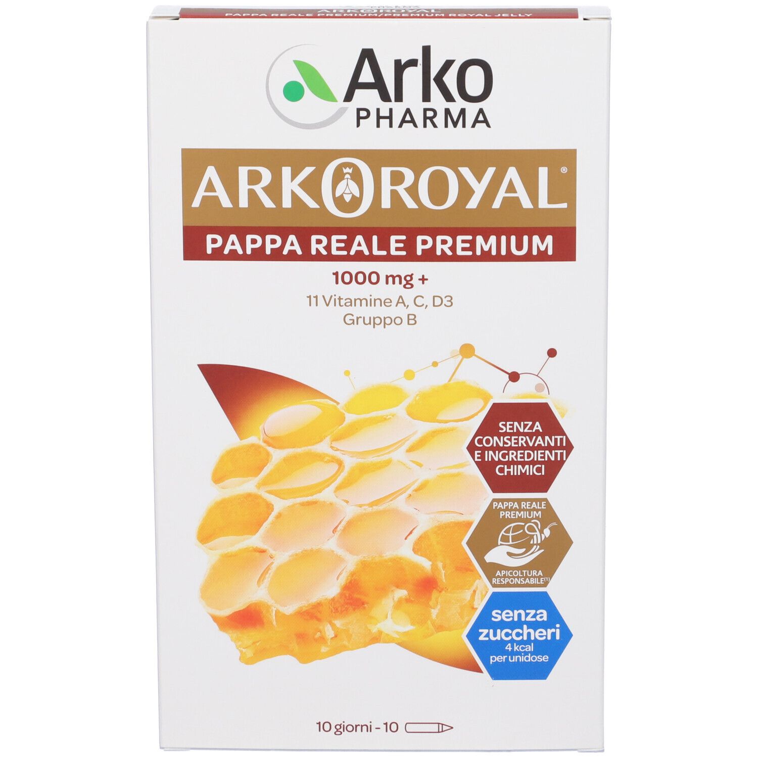 Arko Pharma Ark Royal Pappa Reale Premium Packung mit 10 Tagesdosen, 1000mg, Vitamine A, C, D3, Gruppe B.