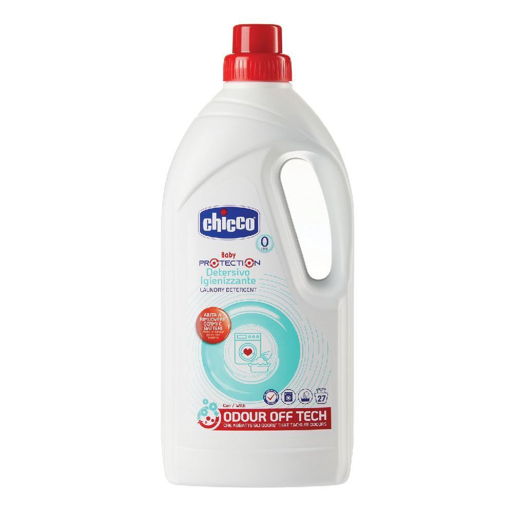 Bottiglia bianca con tappo rosso e manico. Scritta: Chicco Baby Protection Detersivo Igienizzante. Simbolo lavatrice.