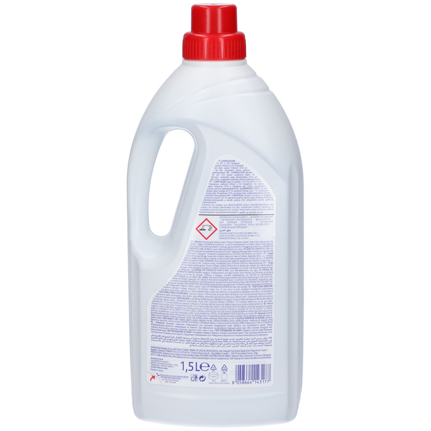 Retro di una bottiglia bianca con tappo rosso. Testo e simboli, tra cui un simbolo di pericolo e l'indicazione 1,5 l.