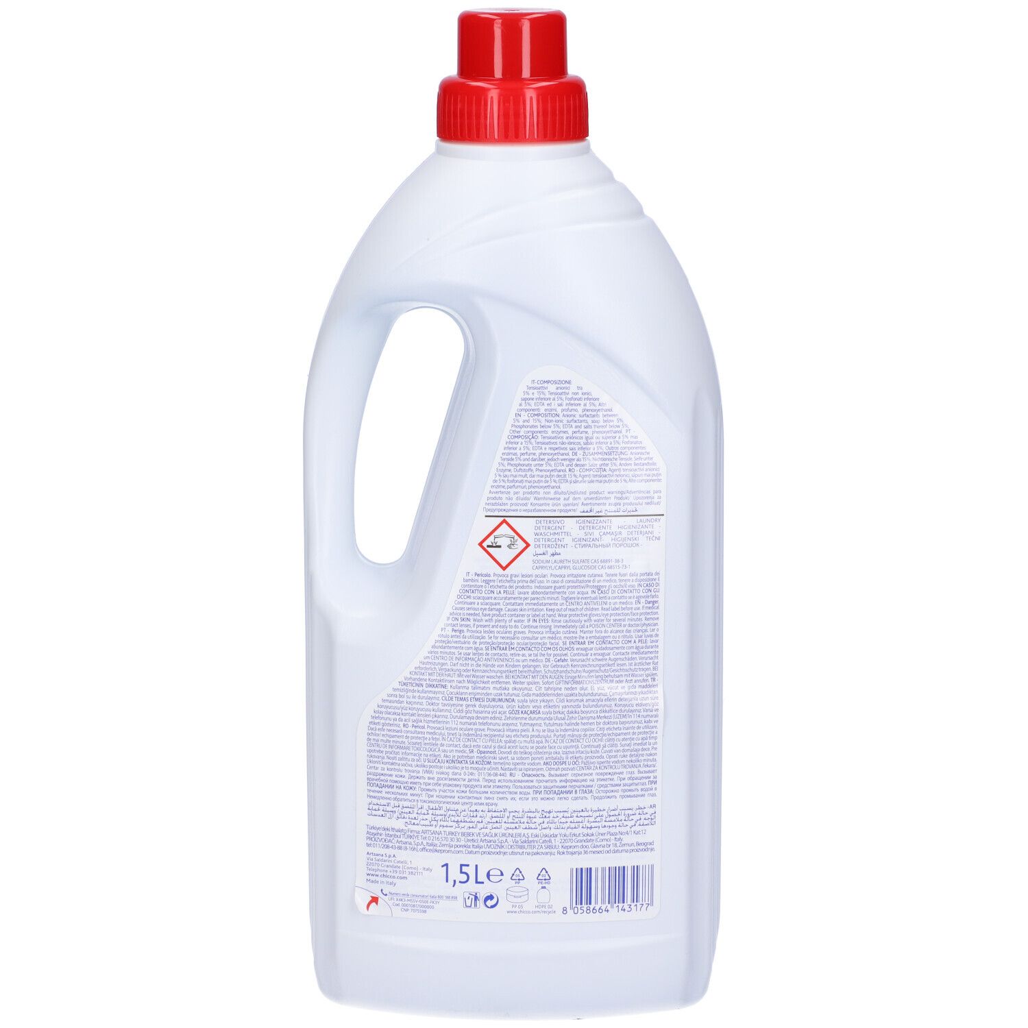 Retro di una bottiglia bianca con tappo rosso. Testo e simboli, tra cui un simbolo di pericolo e l'indicazione 1,5 l.