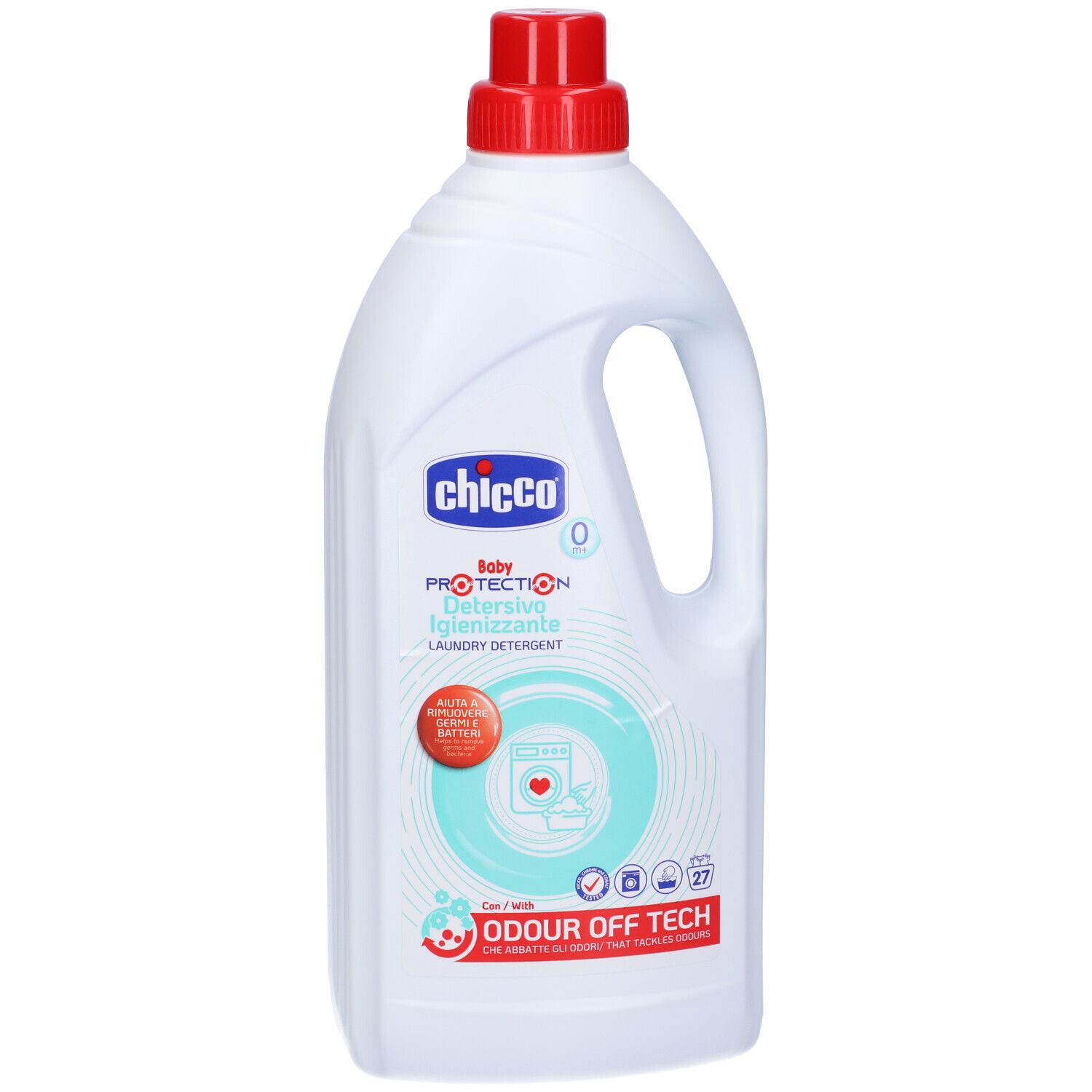 Bottiglia bianca con tappo rosso e manico. Scritta: Chicco Baby Protection Detersivo Igienizzante. Simbolo lavatrice.