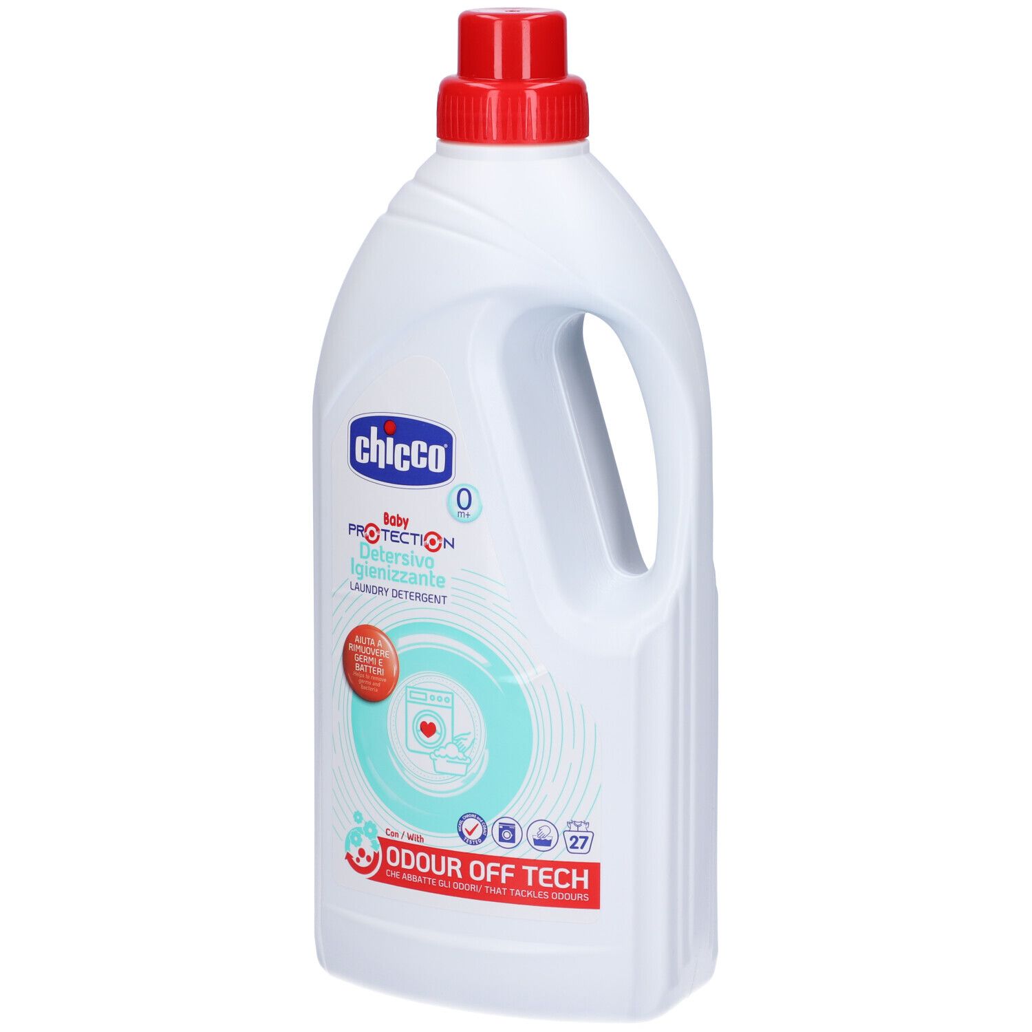 Bottiglia bianca con tappo rosso e manico. Scritta: Chicco Baby Protection Detersivo Igienizzante. Simbolo lavatrice.