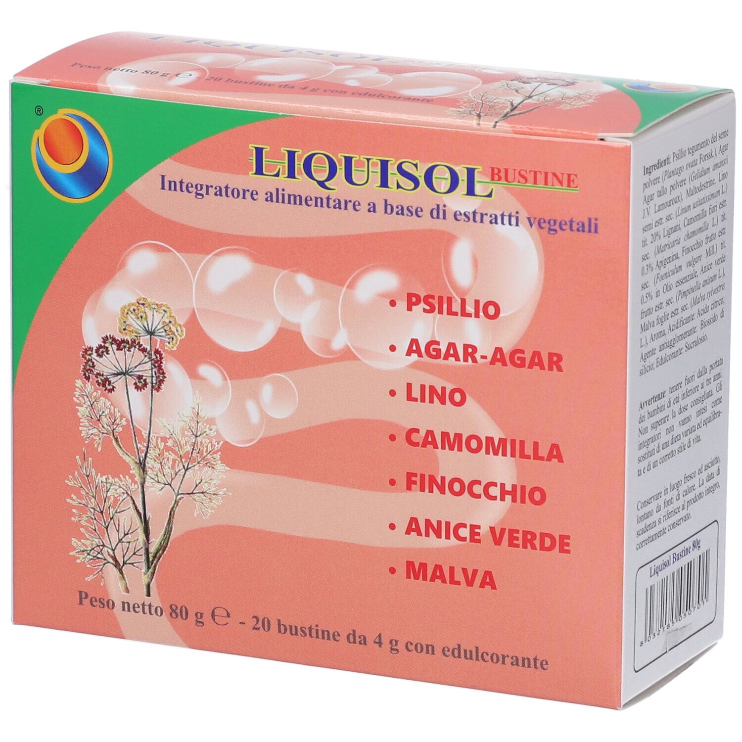Verpackung von Liquisol Bustine mit pflanzlichen Extrakten, Psyllium, Agar-Agar, Leinsamen, Kamille, Fenchel, Anis und Malve.