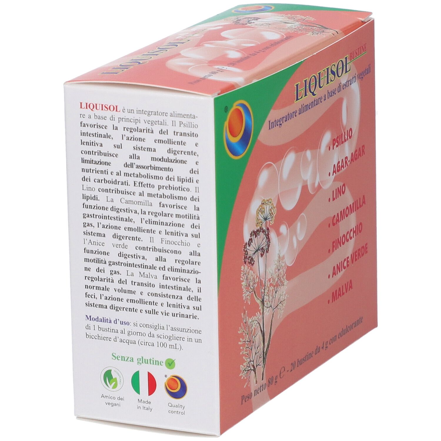 Rückseite der Liquisol Bustine Verpackung mit detaillierten Informationen zu Inhaltsstoffen und Anwendung.