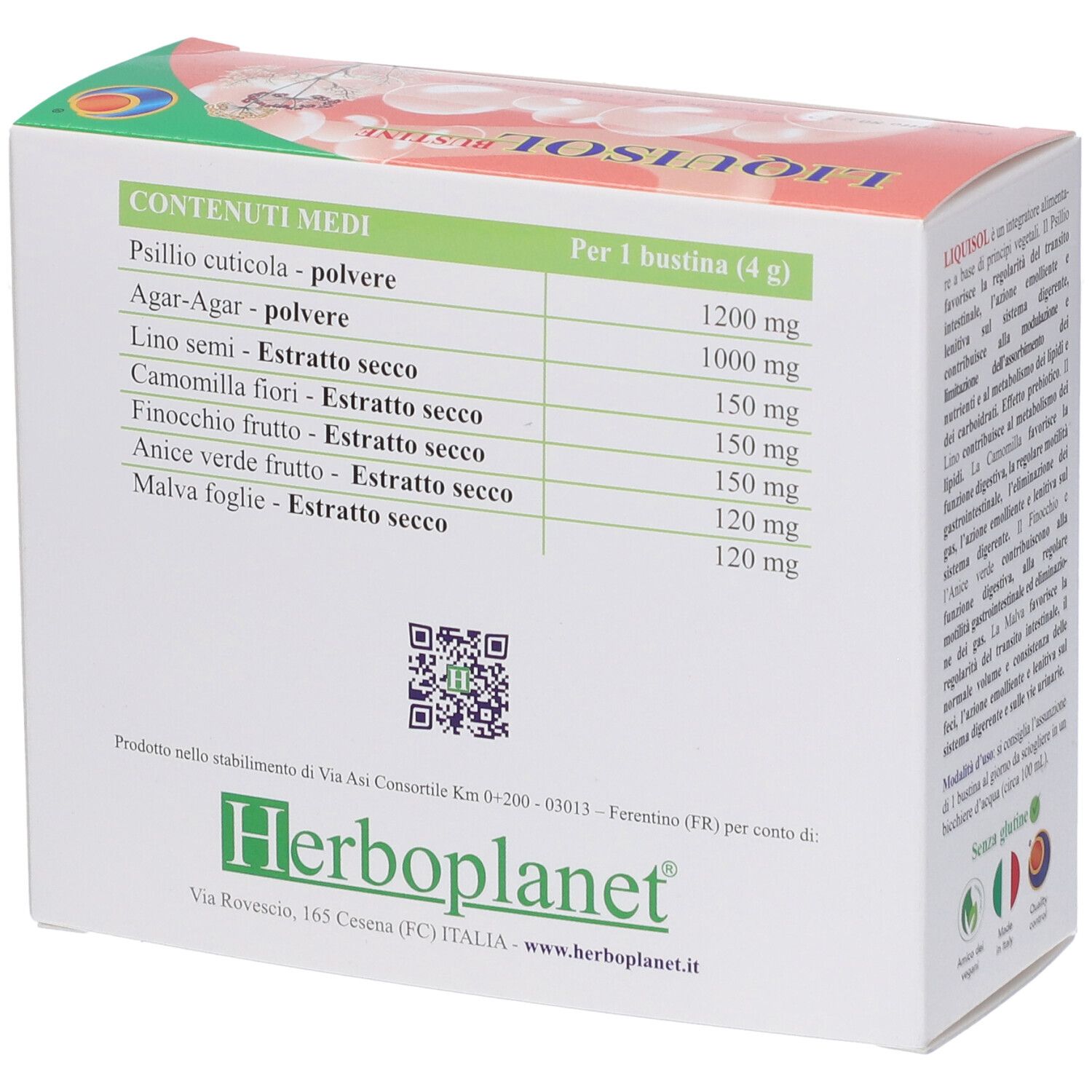 Seitenansicht der Liquisol Bustine Verpackung mit Nährwertangaben pro Beutel und QR-Code.