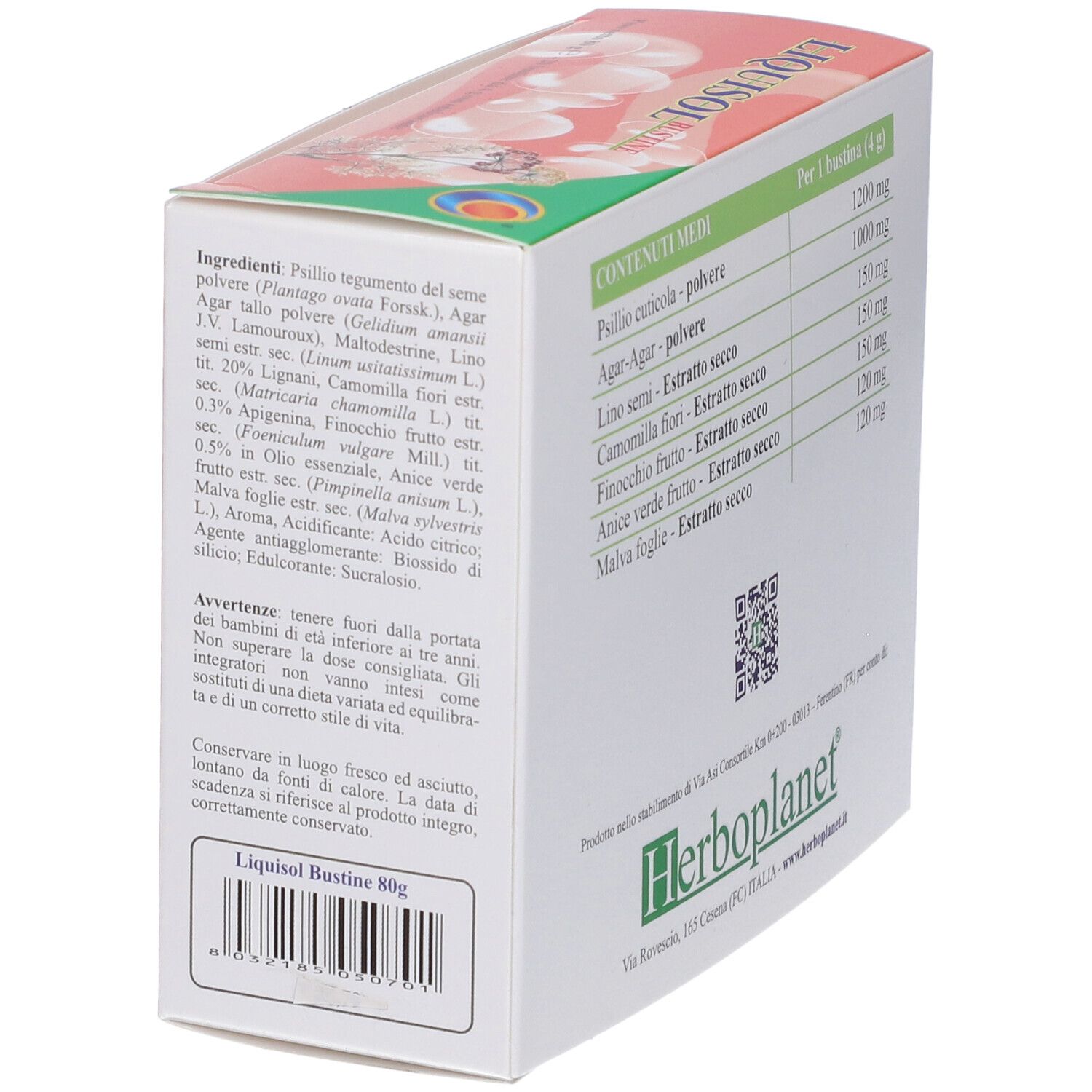 Seitenansicht der Liquisol Bustine Verpackung mit Zutatenliste, Warnhinweisen und Herstellerinformationen.