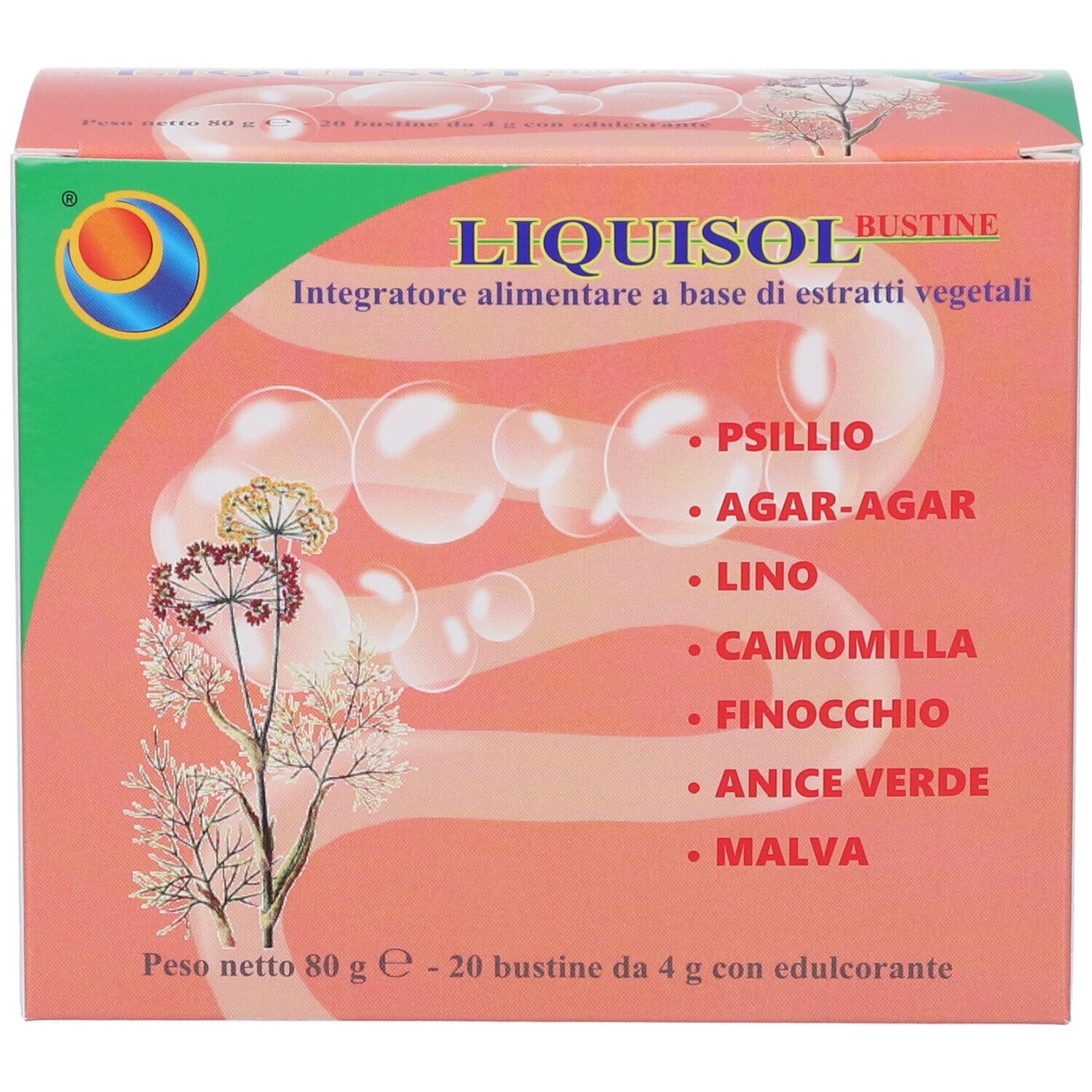 Vorderseite der Liquisol Bustine Verpackung mit Liste der pflanzlichen Extrakte und Produktgewicht.