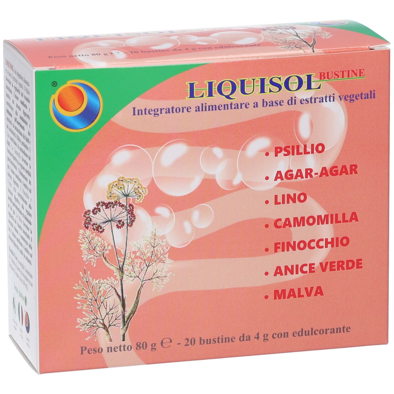 Verpackung von Liquisol Bustine, die die Liste der pflanzlichen Inhaltsstoffe wie Psyllium und Kamille zeigt.