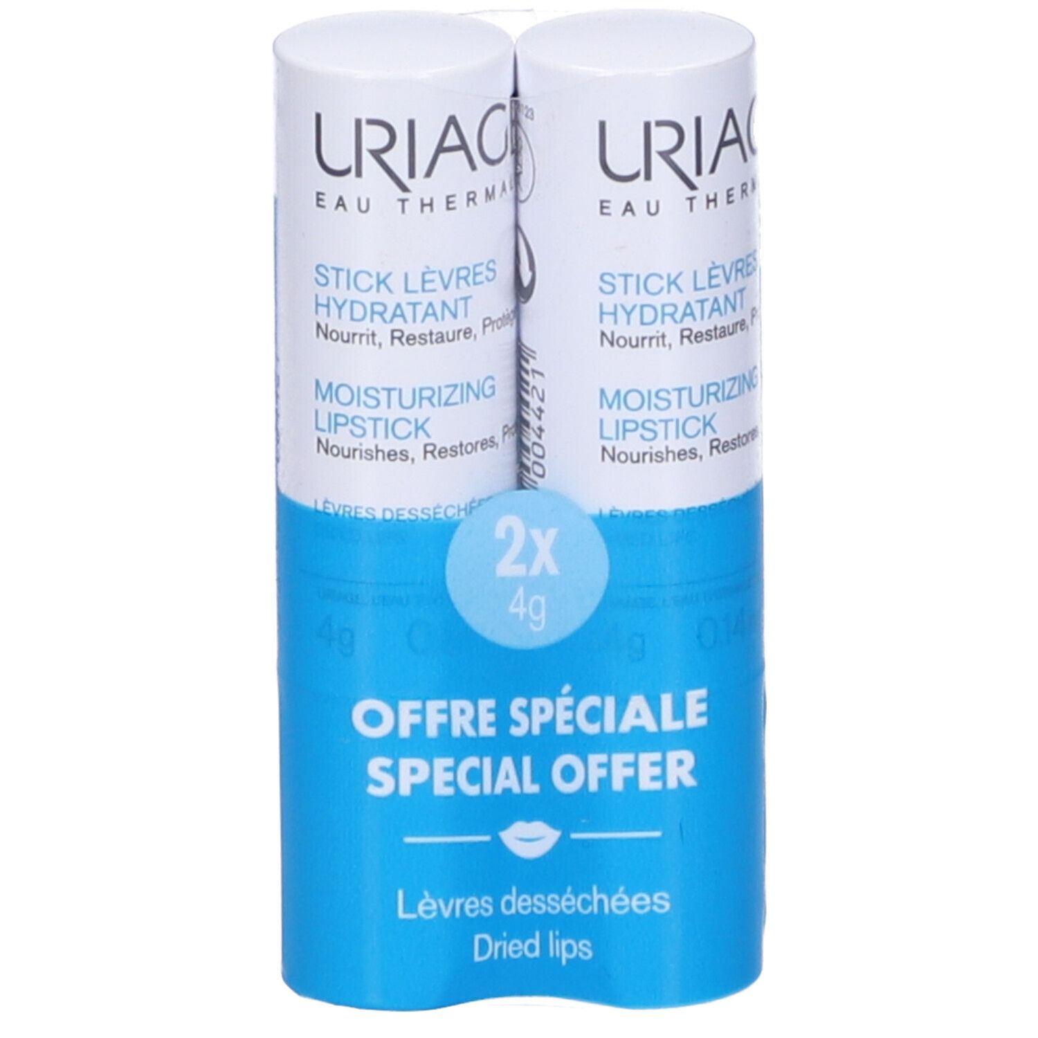 Due stick labbra in confezione blu. Scritta: Uriage, Stick Lèvres, 2x4g. Offerta speciale per labbra secche.