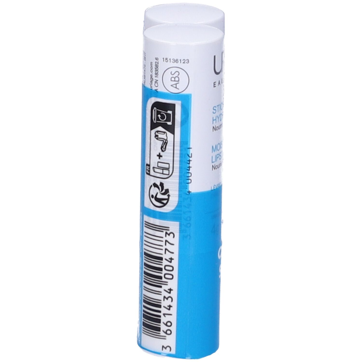 Due stick labbra affiancati. Scritta: Uriage, Stick Lèvres, Moisturizing Lipstick. Codice a barre e simboli.