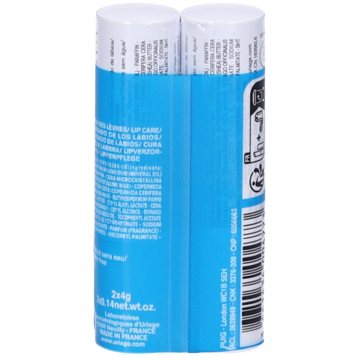 Retro della confezione blu con due stick labbra. Testo: ingredienti, 2x4g, Laboratoires d'Uriage.