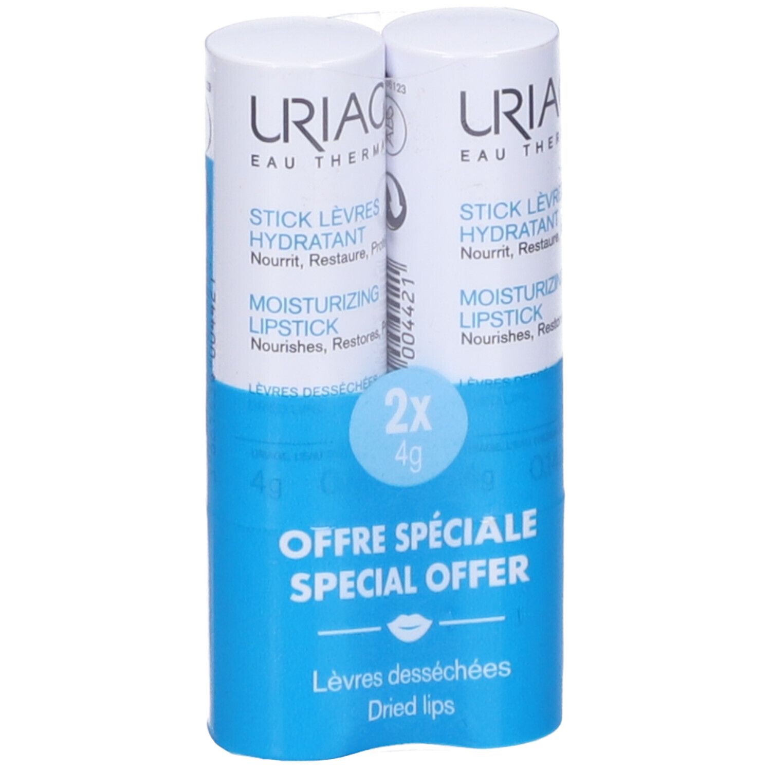 Due stick labbra in confezione blu. Scritta: Uriage, Stick Lèvres, 2x4g. Offerta speciale per labbra secche.