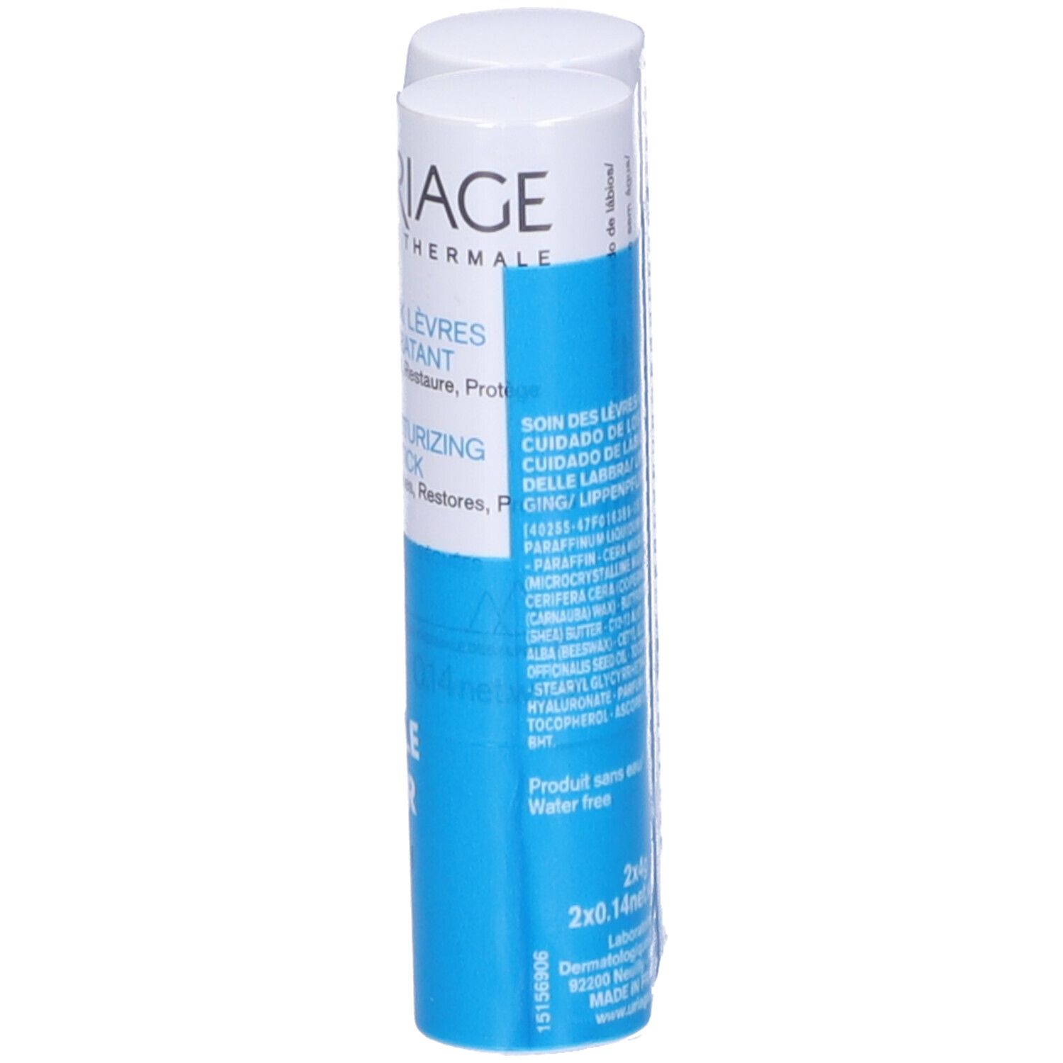 Due stick labbra affiancati. Scritta: Uriage, Stick Lèvres, Moisturizing Lipstick. 2x4g.