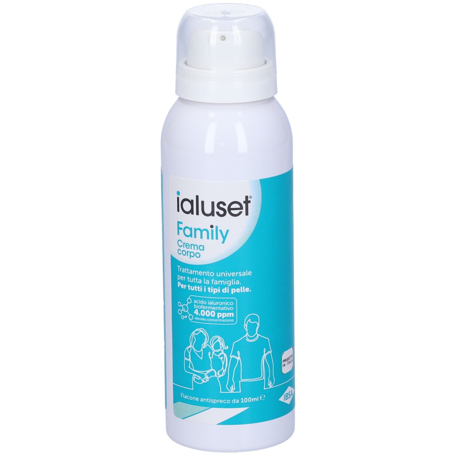 Ialuset Family Crema corpo. Flacone spray bianco. Testo e illustrazioni. 100ml. Prodotto in Italia.