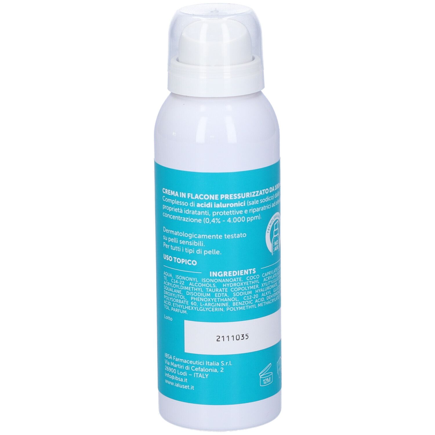 Retro del flacone spray Ialuset Family. Testo e ingredienti. Dermatologicamente testato. Per tutti i tipi di pelle.