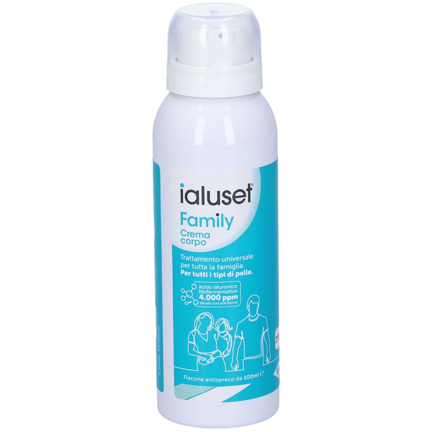 Ialuset Family Crema corpo. Flacone spray bianco. Testo e illustrazioni. 100ml. Prodotto in Italia.