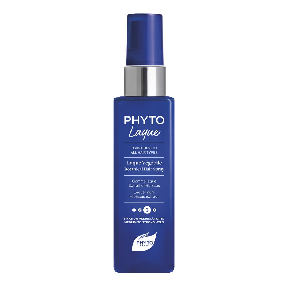 Spray blu con erogatore argentato. Scritta: PHYTOLaque, Lacca Vegetale, tutti i tipi di capelli. Fissaggio medio-forte.