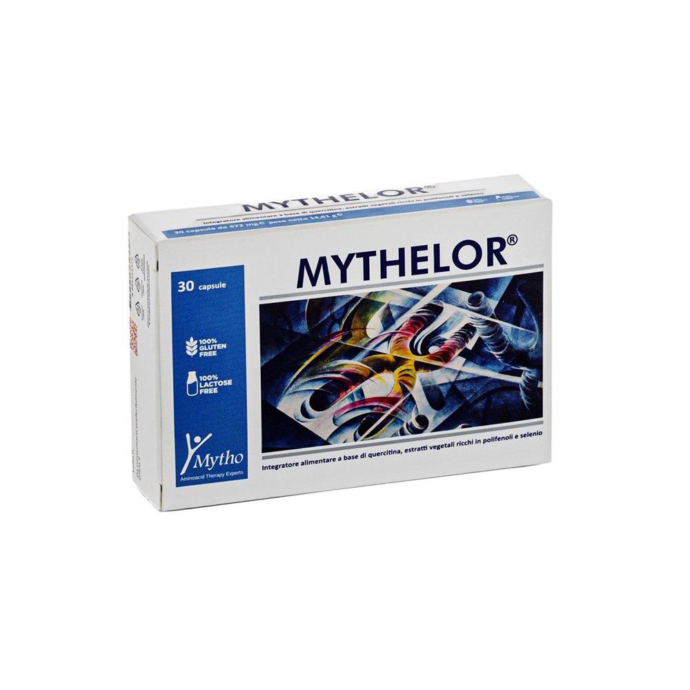 Scatola di capsule Mythelor. Scritta: 30 capsule, senza glutine, senza lattosio. Illustrazione con forme astratte.
