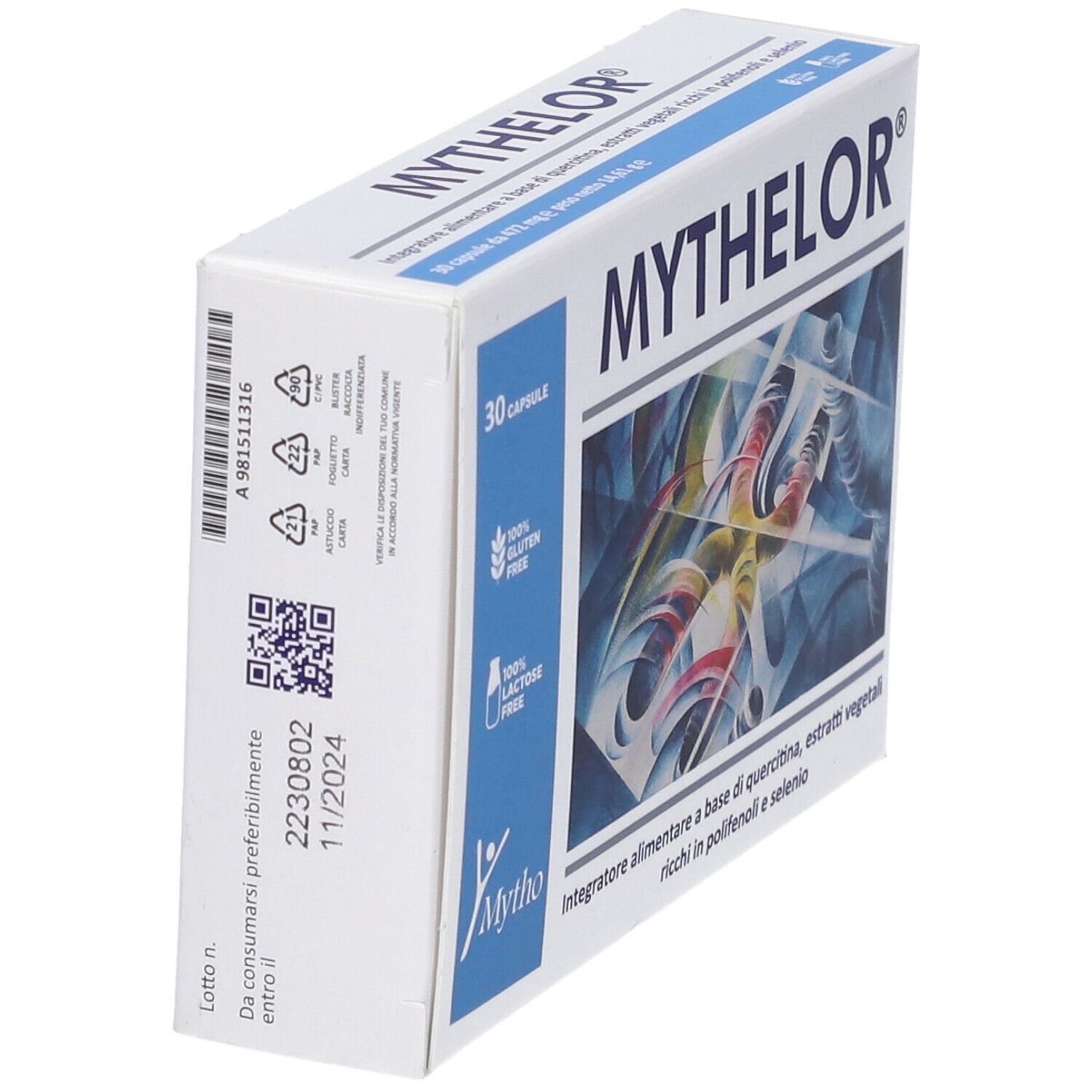 Scatola di capsule Mythelor. Scritta: 30 capsule, senza glutine, senza lattosio. Retro con testo e codice QR.