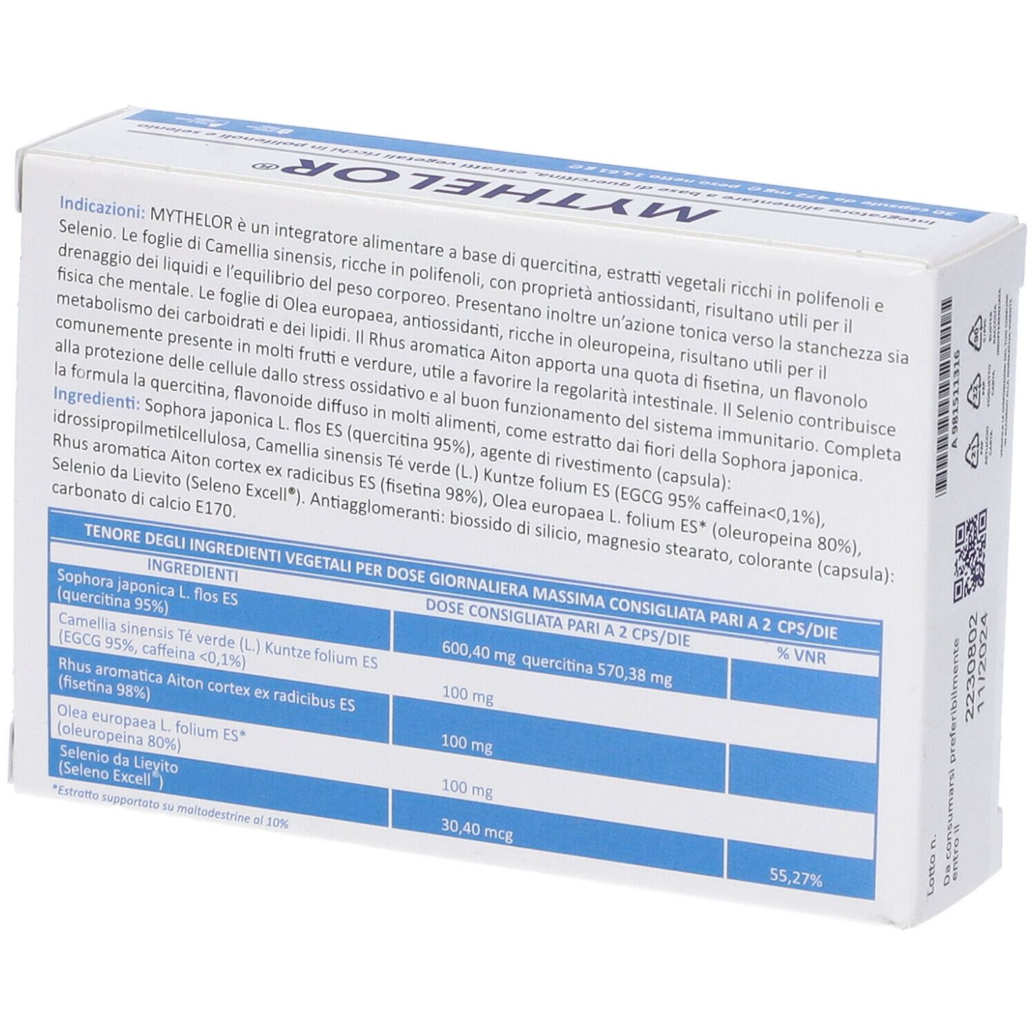 Retro della scatola di capsule Mythelor. Testo con ingredienti e dosaggio. Contiene anche informazioni sul marchio.