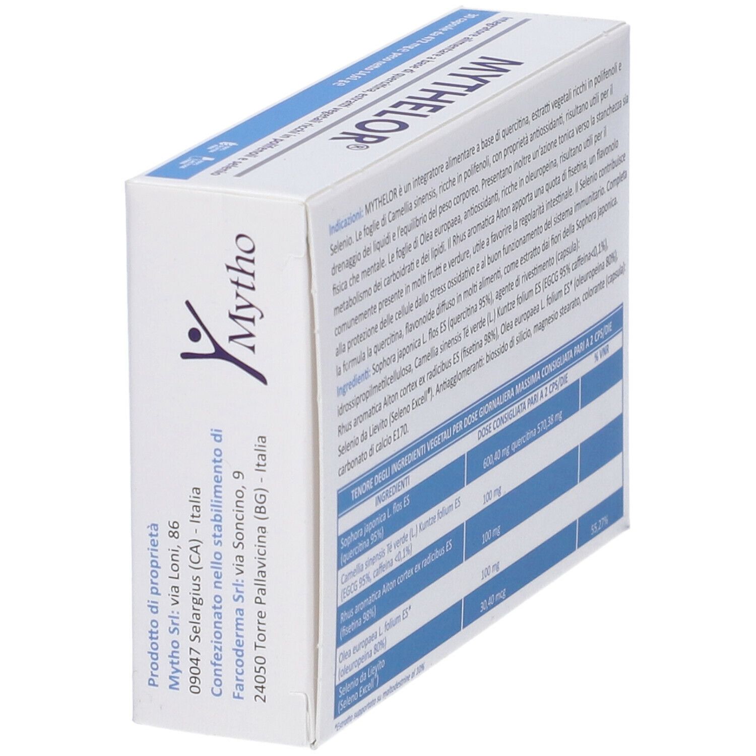 Scatola di capsule Mythelor. Scritta: 30 capsule, senza glutine, senza lattosio. Retro con testo e codice QR.