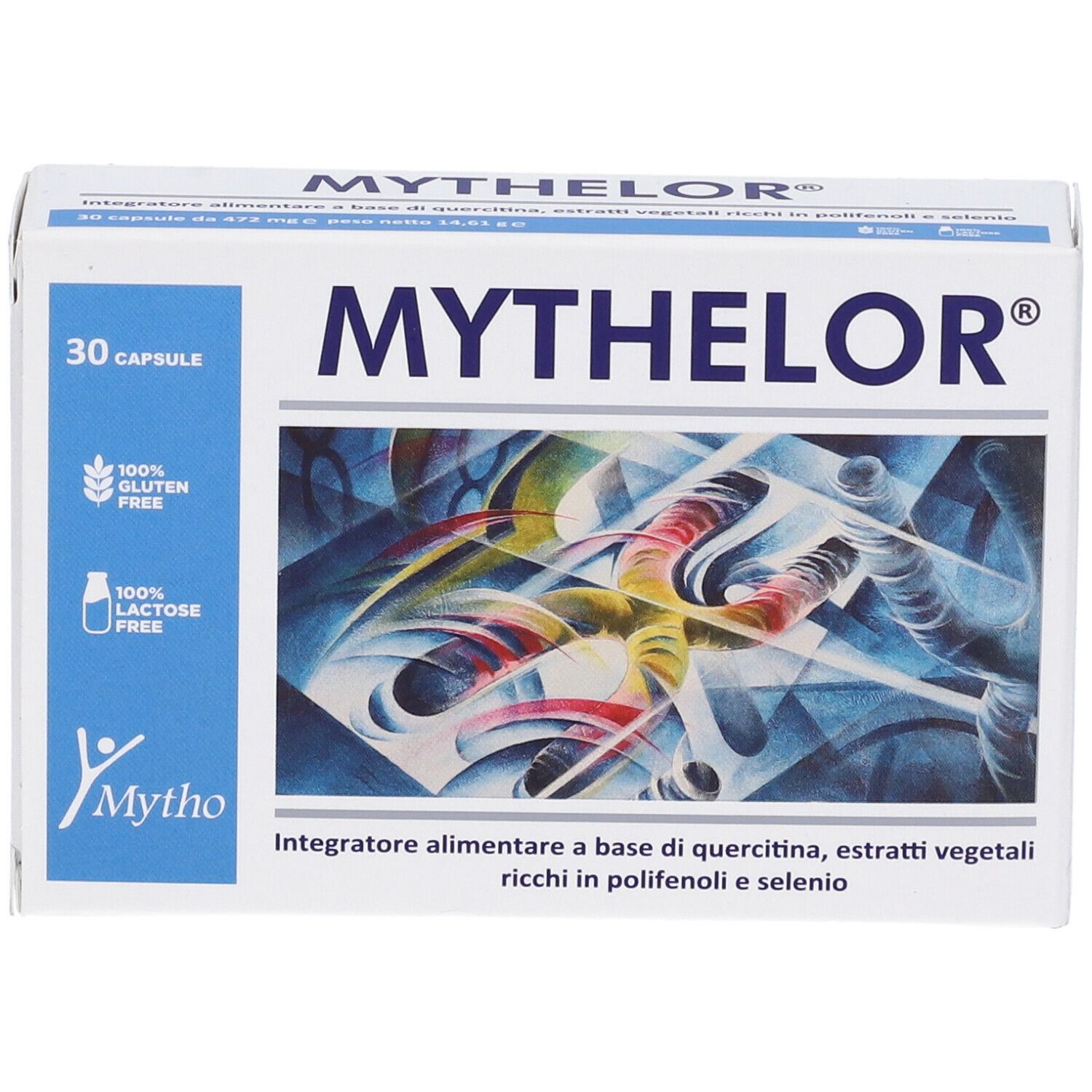 Scatola di capsule Mythelor. Scritta: 30 capsule, senza glutine, senza lattosio. Illustrazione con forme astratte.