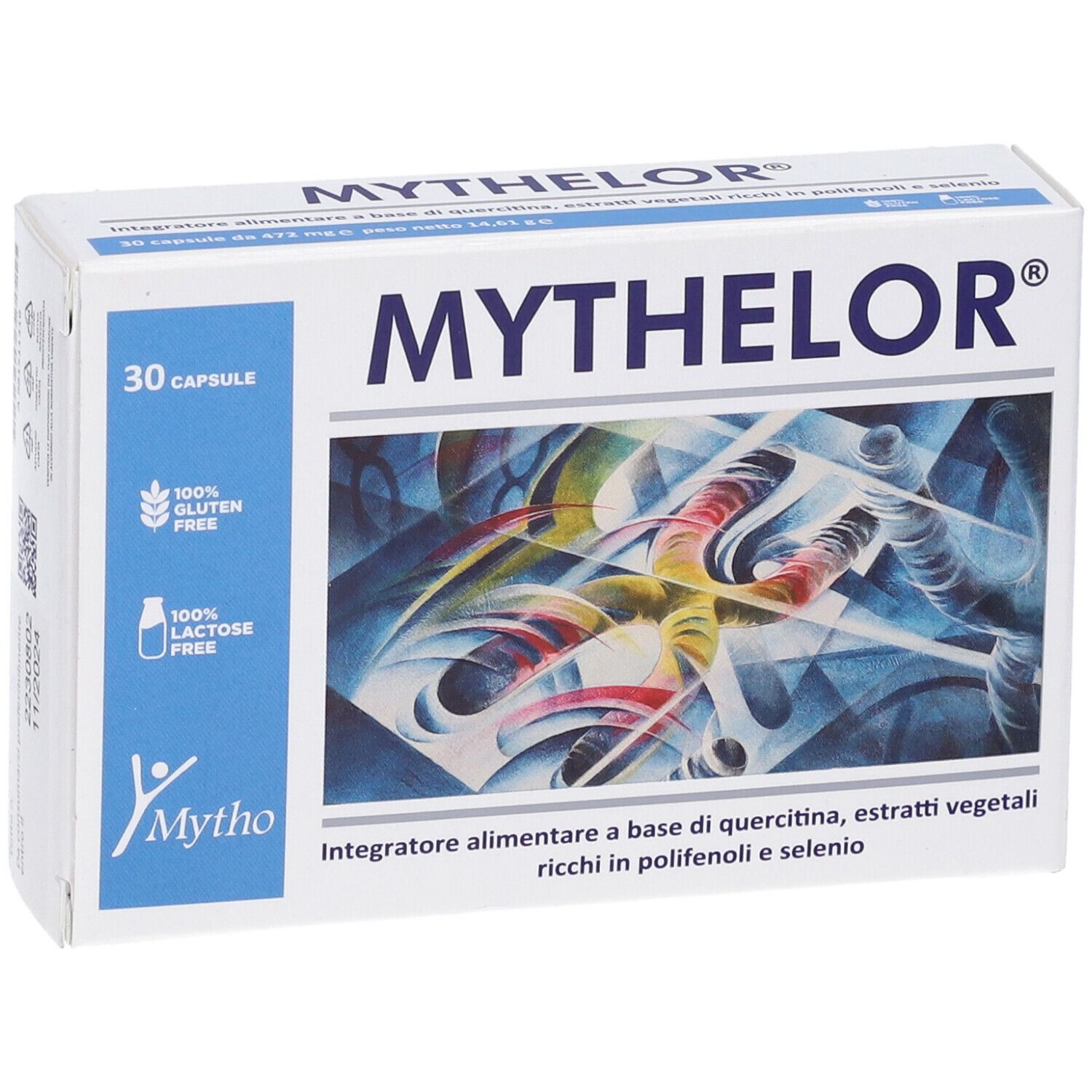Scatola di capsule Mythelor. Scritta: 30 capsule, senza glutine, senza lattosio. Illustrazione con forme astratte.